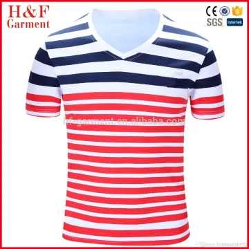 OEM Apparel Factory Men's t shirts Stripe 100% Cotton red and white stripe mens V-neck t-shirts