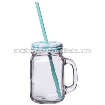 Clear Handle Jar glass-500ml with Green lid and straw