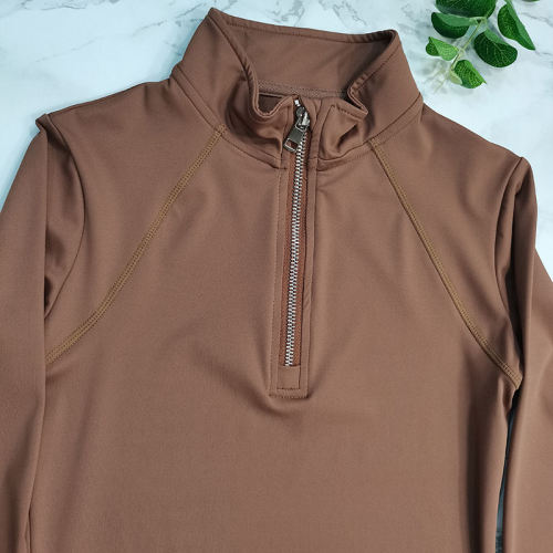 Brown Half Zipper Breathable Riding Tops