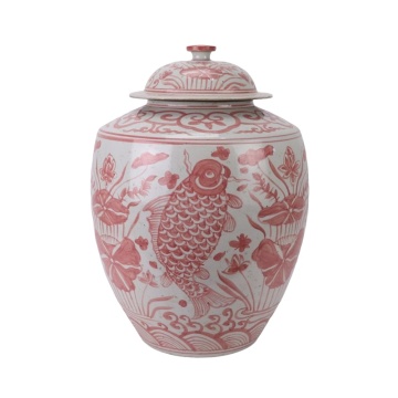 Coral Red Seawater and Fish Ceramic Temple Jar with Lid RZSX141-A