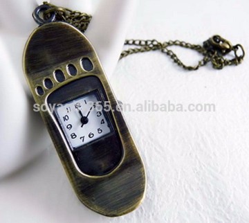 Vintage Skateboard shape Open Faced Pocket Watch Pendant Necklace