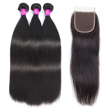 Brazilian Straight Hair Bundles With Closure100% Virgin Human Hair Extensions Lace Closure