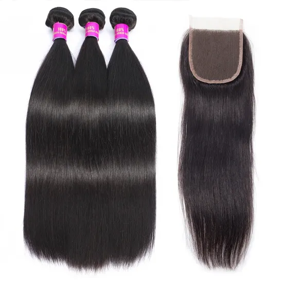 Brazilian Straight Hair Bundles With Closure100% Virgin Human Hair Extensions Lace Closure