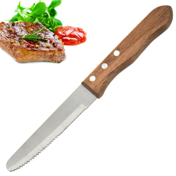 Round Serrated Steak Knife with Wood Handle for Table Dinner and Meat Cutting