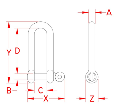 Drawing of Long D shackle with screw pin