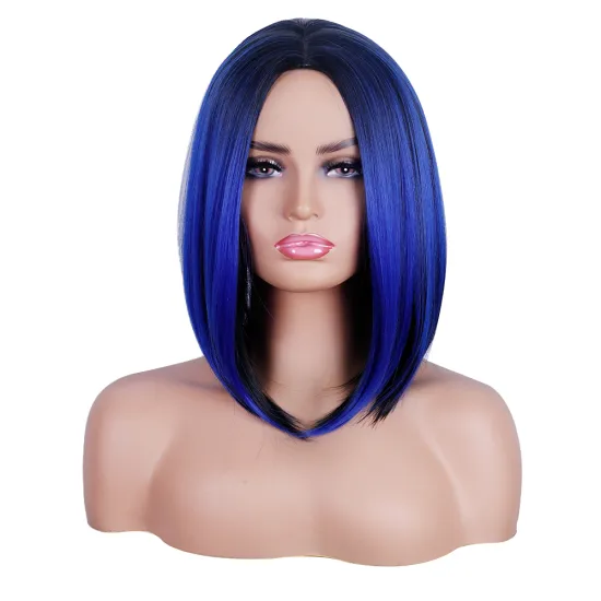 Wholesale Cheap Anime Party Ombre Black to Blue Bob Short Straight Synthetic Cosplay Wig