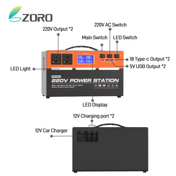 Zoro 600W 220V DC12V Portable Power Station สำหรับการตั้งแคมป์กลางแจ้งรถชาร์จ