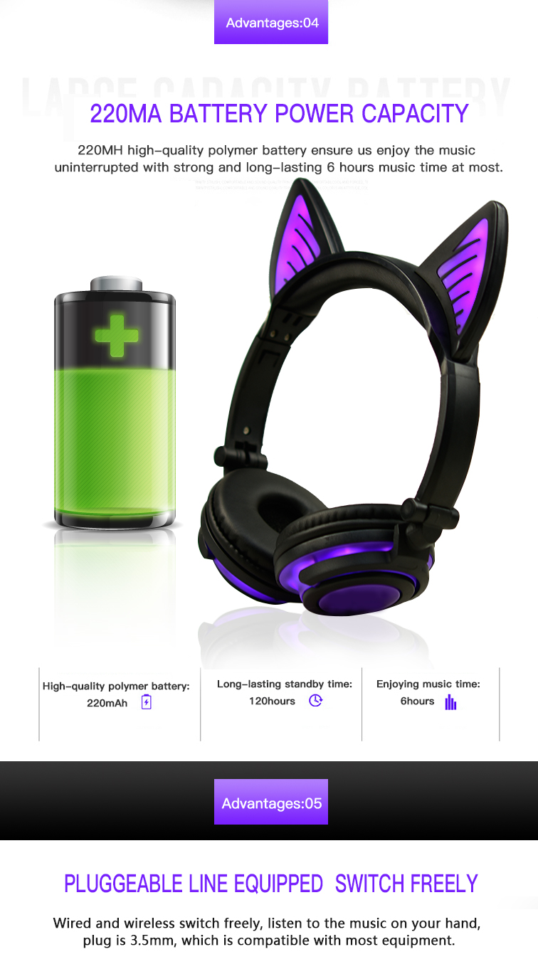 Holiday gifts children cat ear headphone with LED