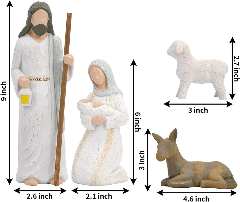 Maria segura o menino Jesus, o burro e um cordeiro