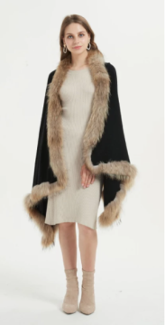Wholesale oversize pure cashmere ladies poncho with fur collar