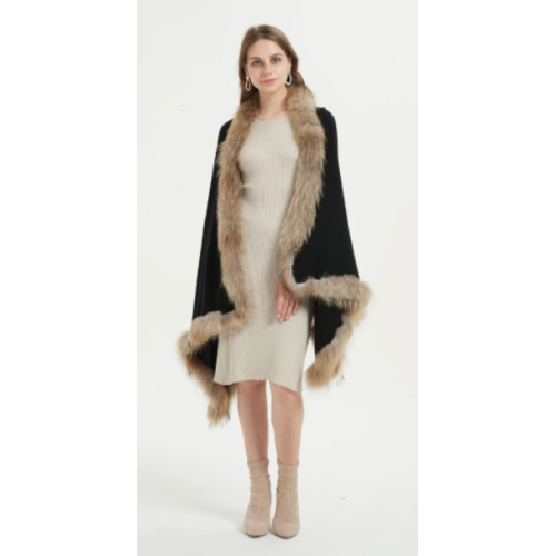 Wholesale oversize pure cashmere ladies poncho with fur collar