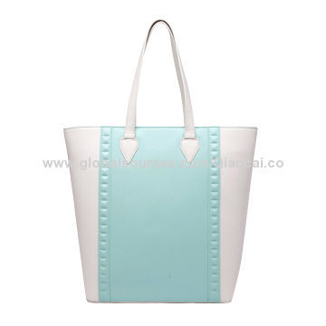 Lady tote bag with blue and black color/made of 100% PU and quality hardware's, measured at 29x34x1
