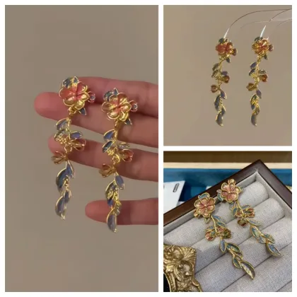 Hand-Painted Alloy Flower Leaf Tassel Earrings