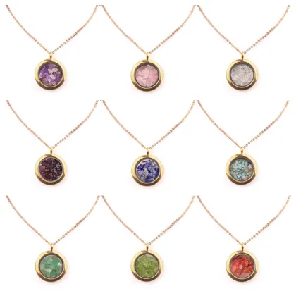 Genstone Memory Locket Necklace Pendant with Charms Natural Stone Chips Memory Pendant Necklace with 45cm Gold Chain