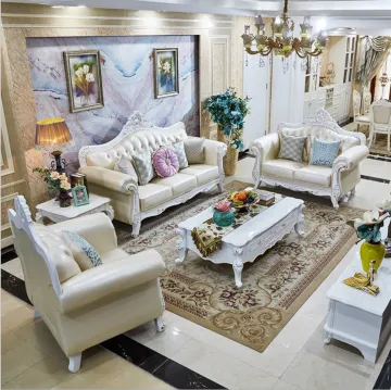 European Solid Wood Carved Leather Living Room Sofa Set Furniture