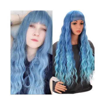 Cheap Cosplay wig long Loose Body Wave blue hair with neat Bang Natural Fluffy Wavy Non lace Synthetic hair Wigs for women