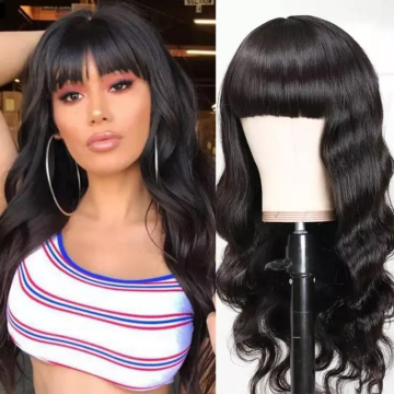 Natural Black Long Wavy Synthetic Wig with Bangs for Women