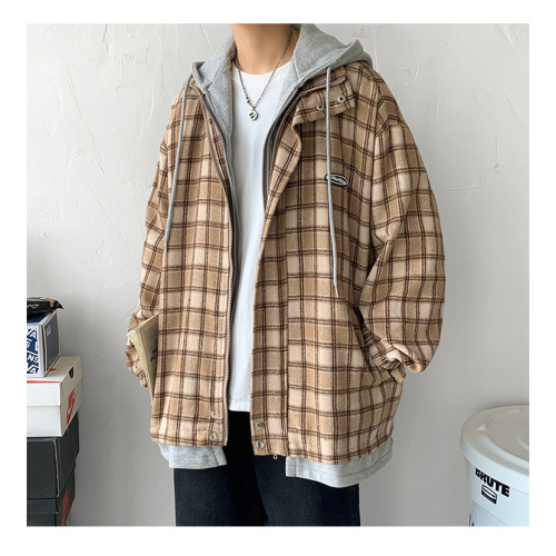 Men's Casual Drawstring Plaid Hooded Jacket