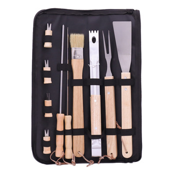 10-Piece Outdoor Stainless Steel BBQ Tool Set with Oak Wooden Handles and Oxford Cloth Bag Packaging