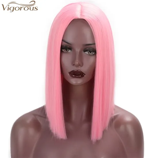 Vigorous 14 inches Short Straight Bob Wig Middle Part Pink Heat Resistant Synthetic Wig Cosplay Daily Use For Women