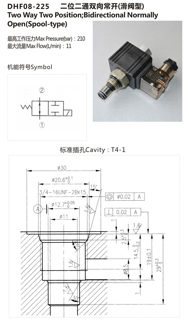 Hydraulic Bidirectional Normally Open Solenoid Valve