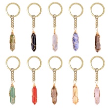 Gemstone Hexagonal Pointed( 8x32mm) Pendant Wrapped Gold Wire Keychain