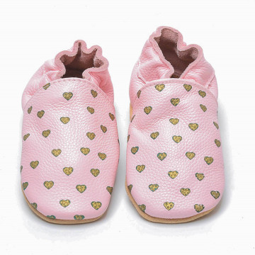 Chinelos de couro macios de bebê rosa