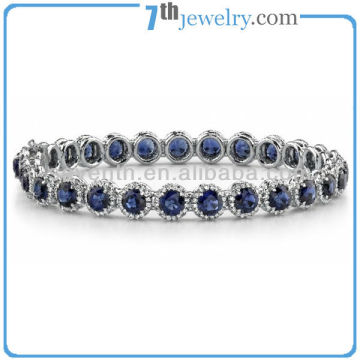 Rhodium Plated Round Shaped Blue Sapphire Diamond Brass Tennis Bracelet