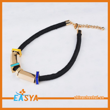 Black Leather Cord Necklace Gold Tube Pendant Necklace