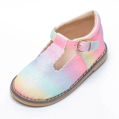 Scarpe con barra a T per bambina in pelle arcobaleno