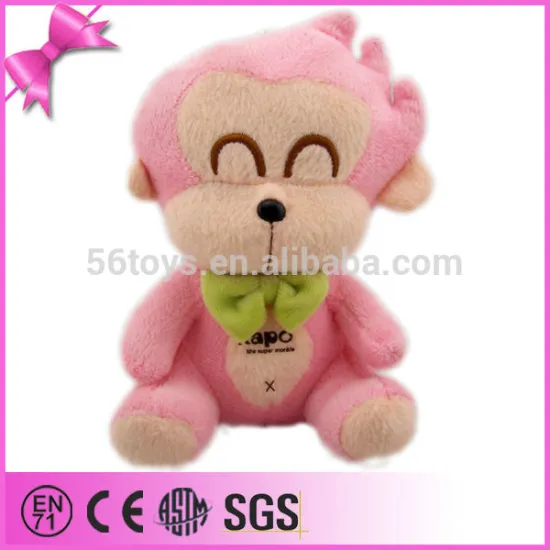 Wholesale smiling pink plush sitting baby monkey with green bowknot on sale