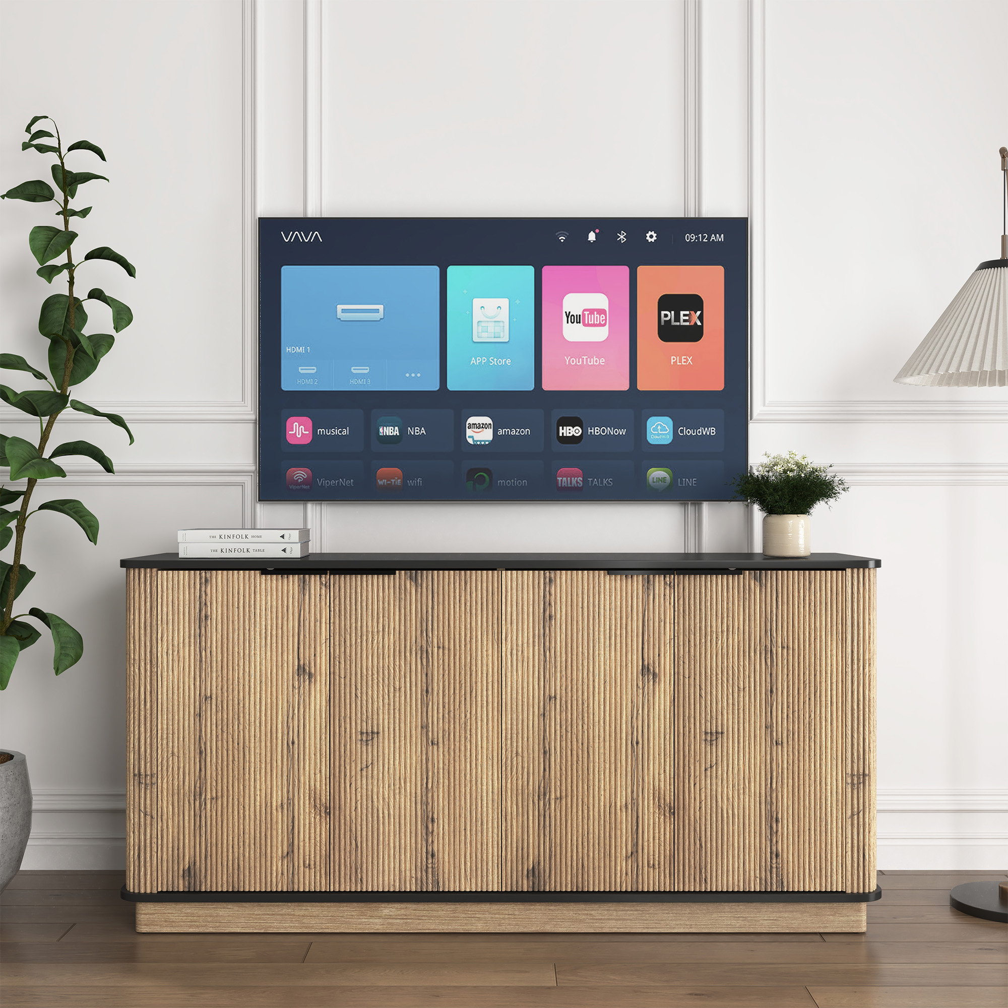 Slim Wood Grain TV Cabinet with 4 Doors