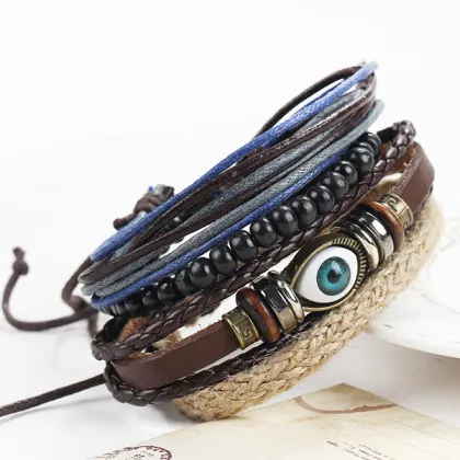 Multi Layers Wooden Bead Bracelet Eye Charm Leather Bangle
