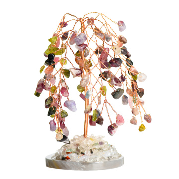 Raw Colorful Tourmaline Willow Copper Wire Agate Base Lucky Tree Spiritual Meditation Energy Room Office Desk Decor
