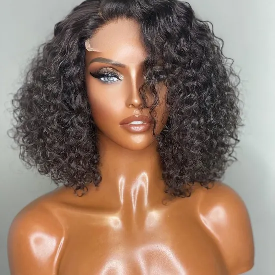 BIS Bob 4*4 Curly Wave Human Hair Closure Wig With Natural Color Bob Transparent Frontal Lace 150 Density Bob Wigs  For Woman