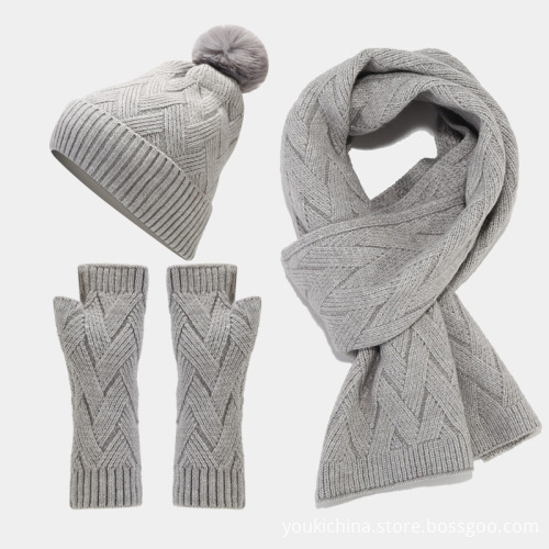 3-Piece Outdoor Winter Warm Knit Pom-Pom Beanie, Gloves, and Scarf Set