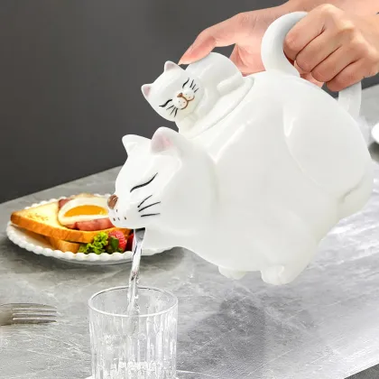 Cute Ceramic Cat Pattern Handmade Porcelain Teapot