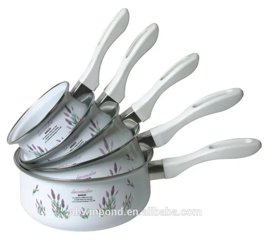 White color with printing ,5pcs enamel cookware set without lid