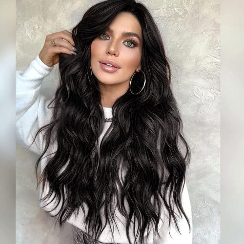 Synthetic Lace Front Wig Transparent Lace Front Wig Natural black Body Wavy Wigs with Bangs 150 Density Synthetic Lace Frontal Middle Part Wigs Factory