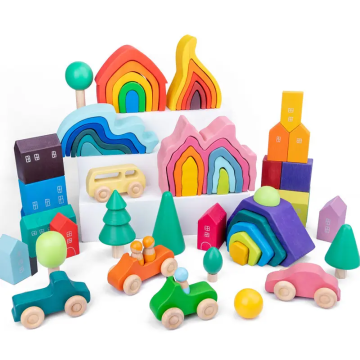 Top Quality Natural Wooden Toys in Rainbow Colors: Tree, Car, and House Designs - Ideal for Educational and Montessori Learning Experiences for Kids
