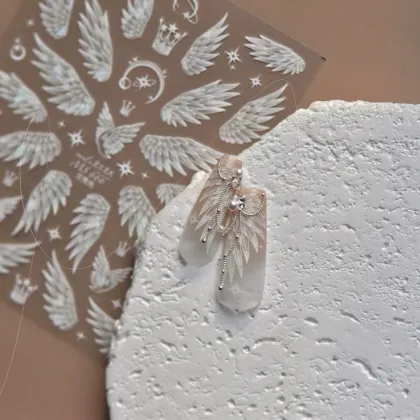 White Angel Wings Nail Stickers with Crystal Diamonds