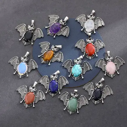 Yellow Jade 13X18mm Cabs Antique Silver Alloy Antique Silver Alloy Bat Pendant Keychain