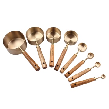 Stainless Steel Measuring Cups and Spoons Set with Wooden Handles and Golden Coating