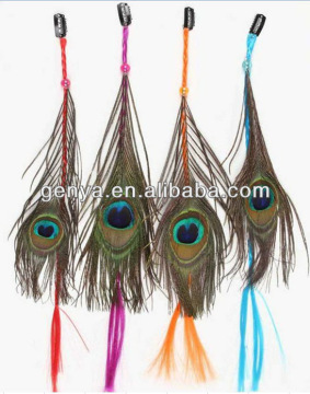 Fashion peacock feathers hair extensions with synthetic hair braid