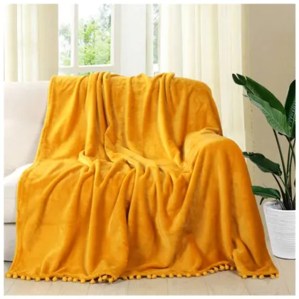 Amazon Popular Pompom Blanket Soft Warm Flannel Coral Fleece Gift Throw Blanket with Pompom Fringe