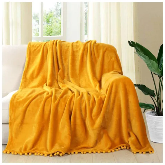 Amazon Popular Pompom Blanket Soft Warm Flannel Coral Fleece Gift Throw Blanket with Pompom Fringe