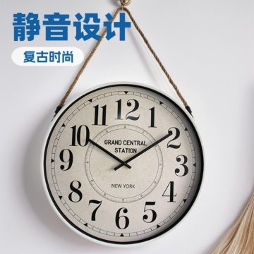 20 Inch Vintage Grand Central Station Wall Clock – New York Inspired Decor with Jute Rope Hanging