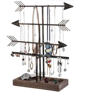 4-Layer Black Arrow Jewelry Organizer: Necklaces, Rings, Bracelets & Earrings Display Stand on Wooden Box