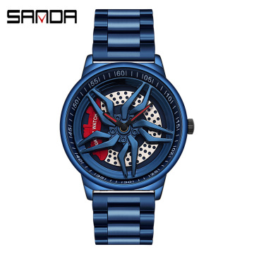 Sanda New Fashion Men's Waterproof Quartz Watch with Spinner Car Alloy Wheel Shape
