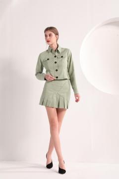Women's Olive Green Jacket and Pleated Mini Skirt